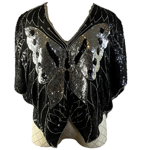 Shomax Vintage Silk Sequin Butterfly Black Pincho Style Top